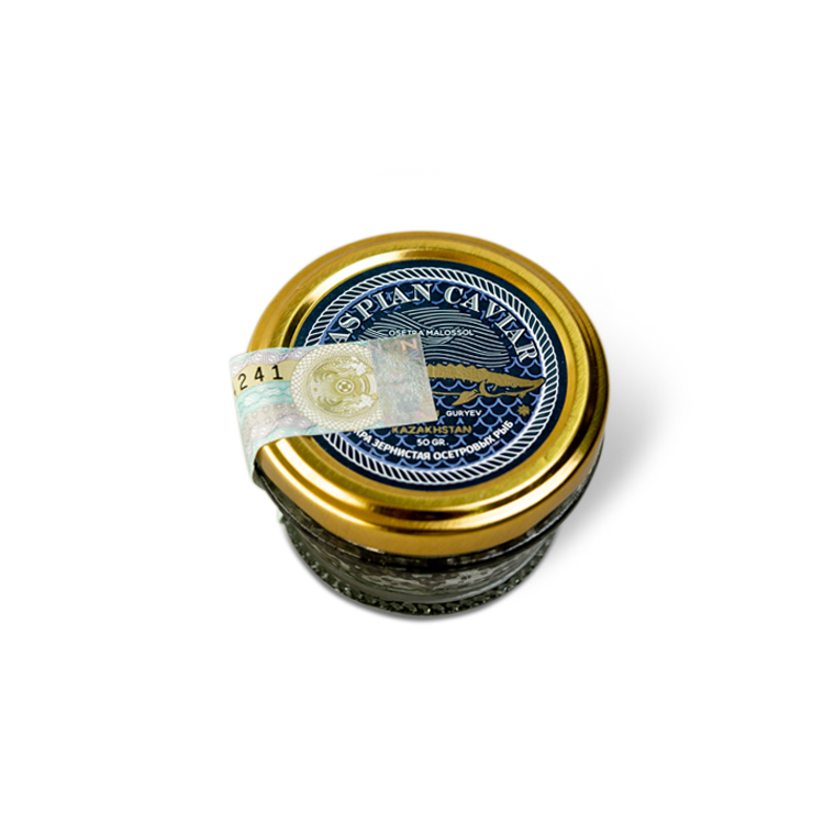 Икра черная Осетровых рыб - Стерляди
Икра мягкая и нежная на вкус, с характерным привкусом, своейственным икре осетровых пород. Рассыпчатая, легкая, цветом  светло-серая со стальным отливом.
Производитель Caspian Caviar.
Упаковка весом 50 грамм, стекляная баночка.