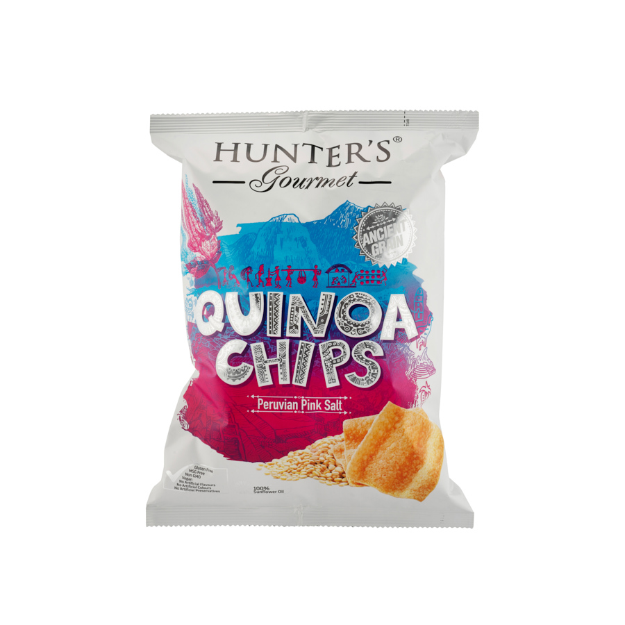 Чипсы Hunter&rsquo;s Gourmet Quinoa Chips Peruvian Pink Salt  с розовой Перуанской солью 75 гр
Эти волнистые, золотистые чипсы из киноа являются настоящим сокровищем древнего зерна киноа, которое инки называли &quot;Матерью всех зерен&quot;. Розовая соль Перу идеально дополняет прекрасный натуральный вкус чипсов из киноа. Легкая нотка орехового вкуса киноа в сочетании с нежным покрытием Розовой соли Перу создает уникальный вкусовой опыт, который будет заставлять вас просто не отрывать руки от этих чипсов. Они так просты, но так вкусны!
Кроме того, эти чипсы совершенно не содержат глютена, МСГ и ГМО, не содержат искусственных красителей, подходят для веганов! Еще одно прекрасное дополнение к нашему ассортименту здоровых закусок!
Изготовлено в ОАЭ.
Упаковка весом 75 грамм.