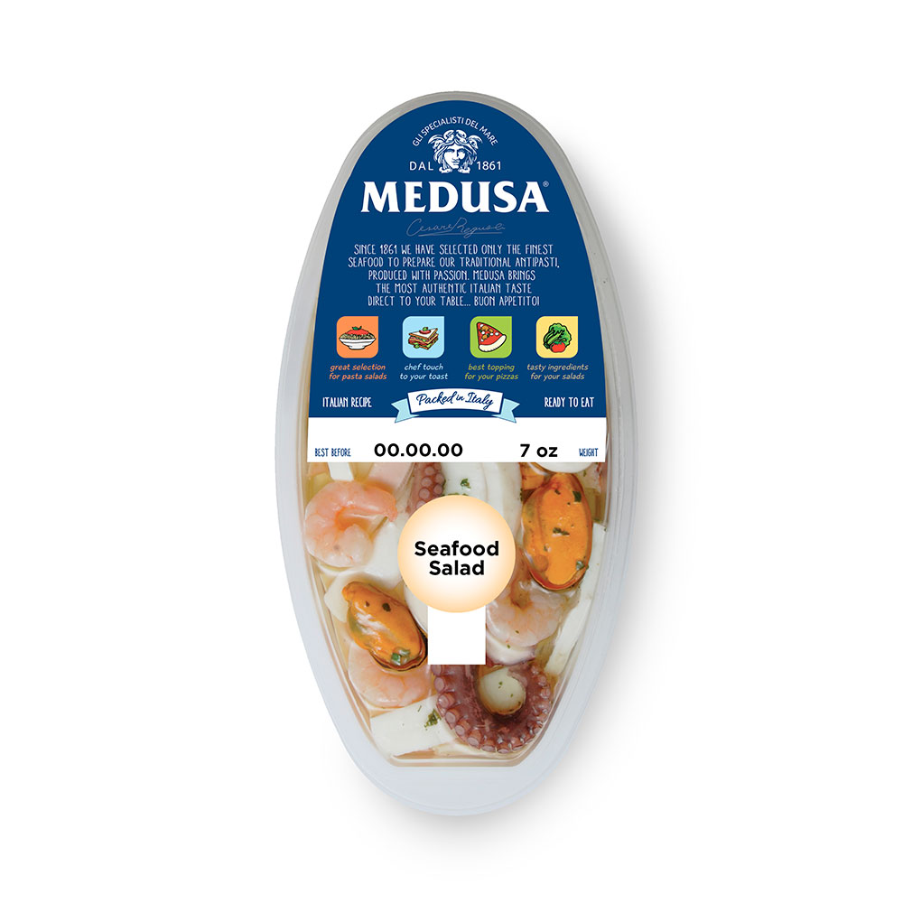 Салат из морепродуктов от Medusa, весом 200 г, &mdash; это готовое к употреблению блюдо, включающее различные виды морепродуктов, такие как кальмары, мидии, осьминог и креветки, замаринованные в ароматной заправке. Этот салат идеально подходит для легкого перекуса, его можно подавать как самостоятельное блюдо или добавлять в свежие овощные салаты, пасту и ризотто. Продукт богат белком, полезными жирами и минералами, такими как цинк, селен и магний, что делает его вкусным и полезным дополнением к рациону.